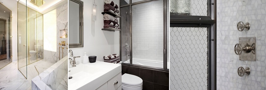 Металлические сетки в комбинации со стеклом в дизайне ванной комнаты