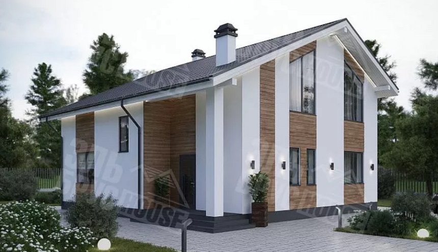 Двухэтажный дом из газобетона "Татлин" с оштукатуренными белыми фронтонами